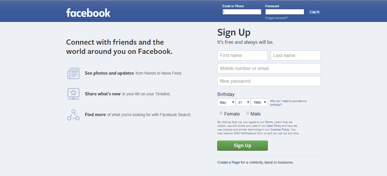 The homepage of Facebook