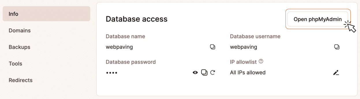 WordPress phpMyAdmin Zugang