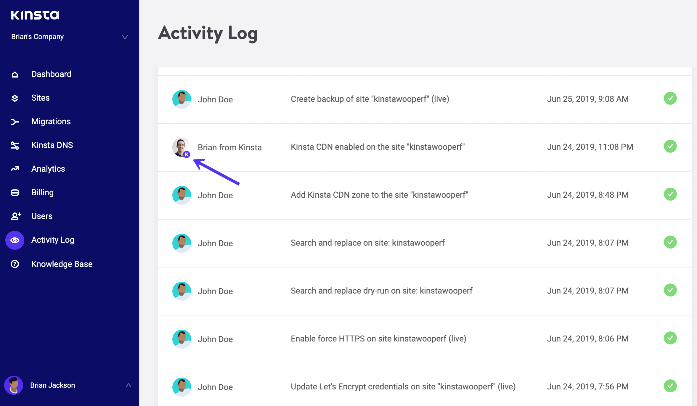 MyKinsta activity log