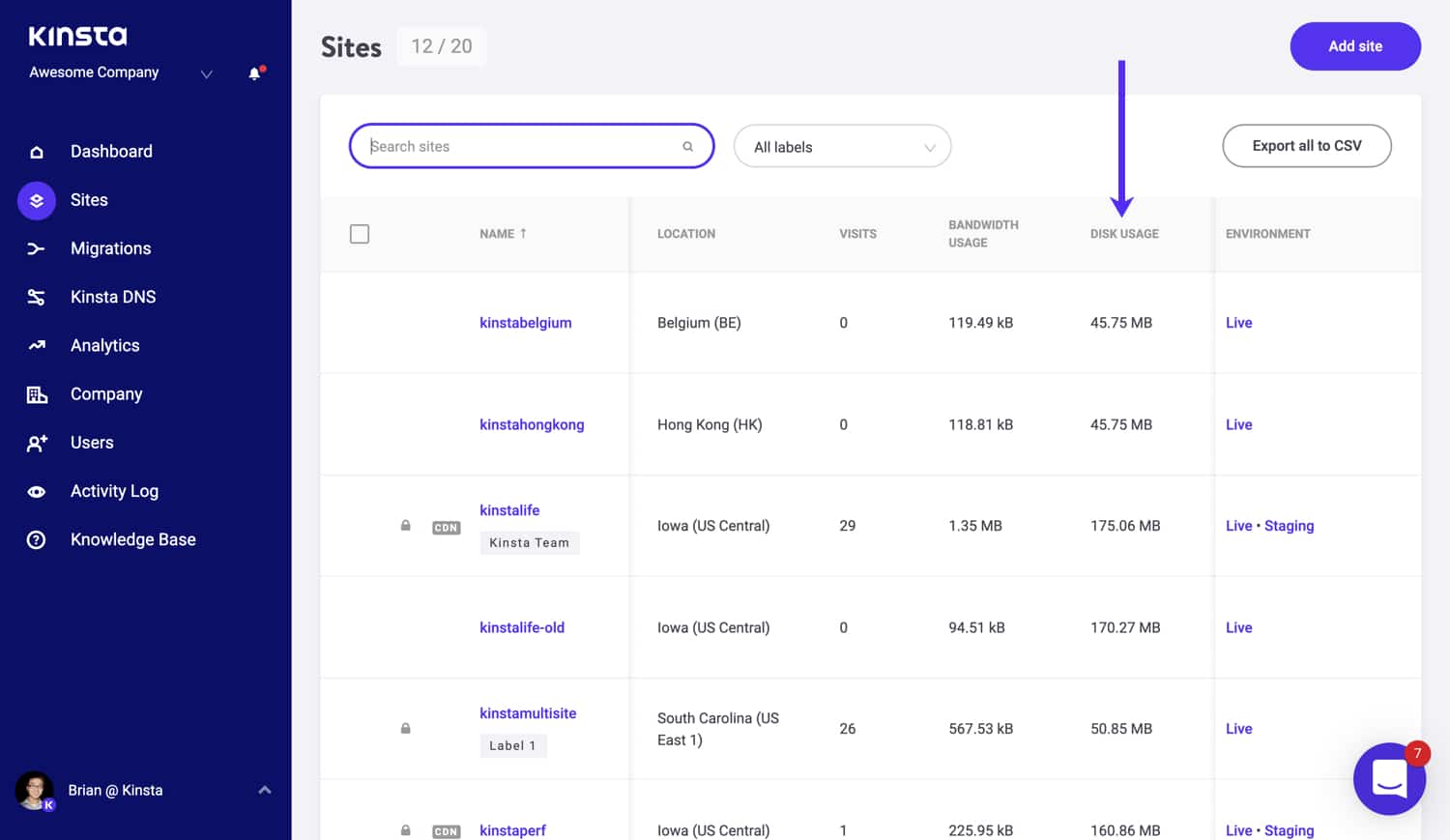 Find your disk usage in MyKinsta.