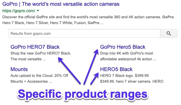 Product ranges Google sitelinks