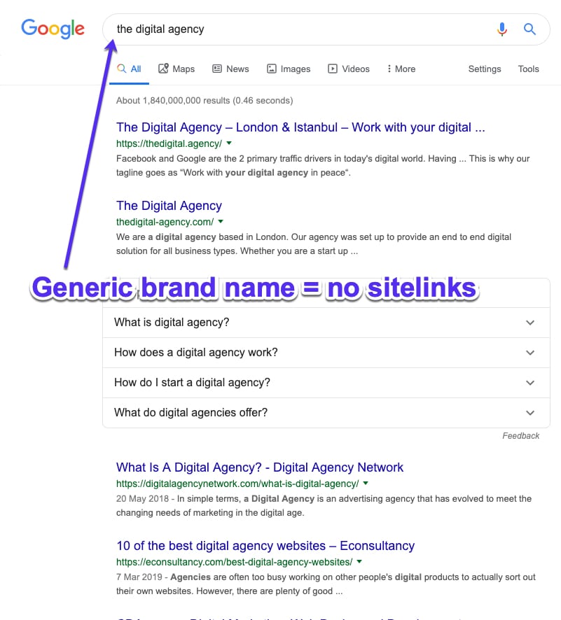 Generic brand names aren't good to get Google sitelinks