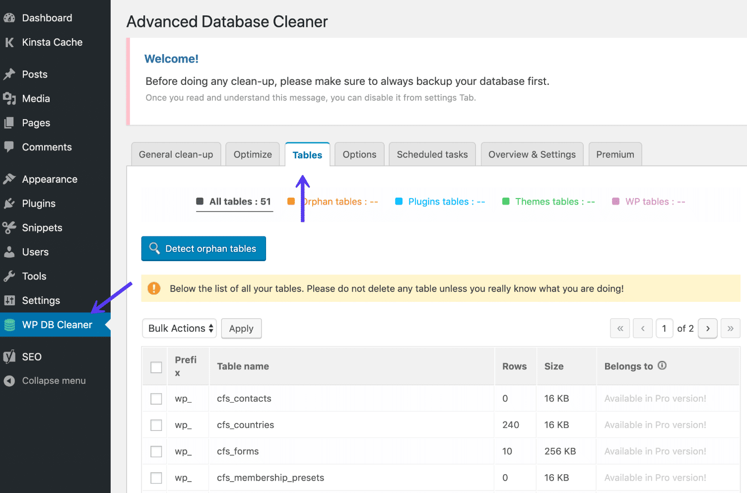 WordPress instrumentpanel med fliken Tabeller vald