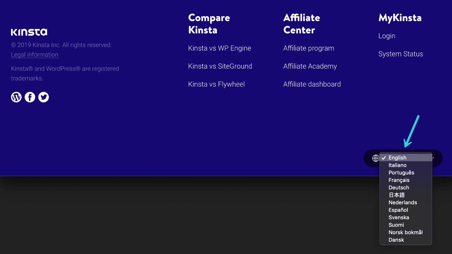 Kinstaのウェブサイトの言語切り替え