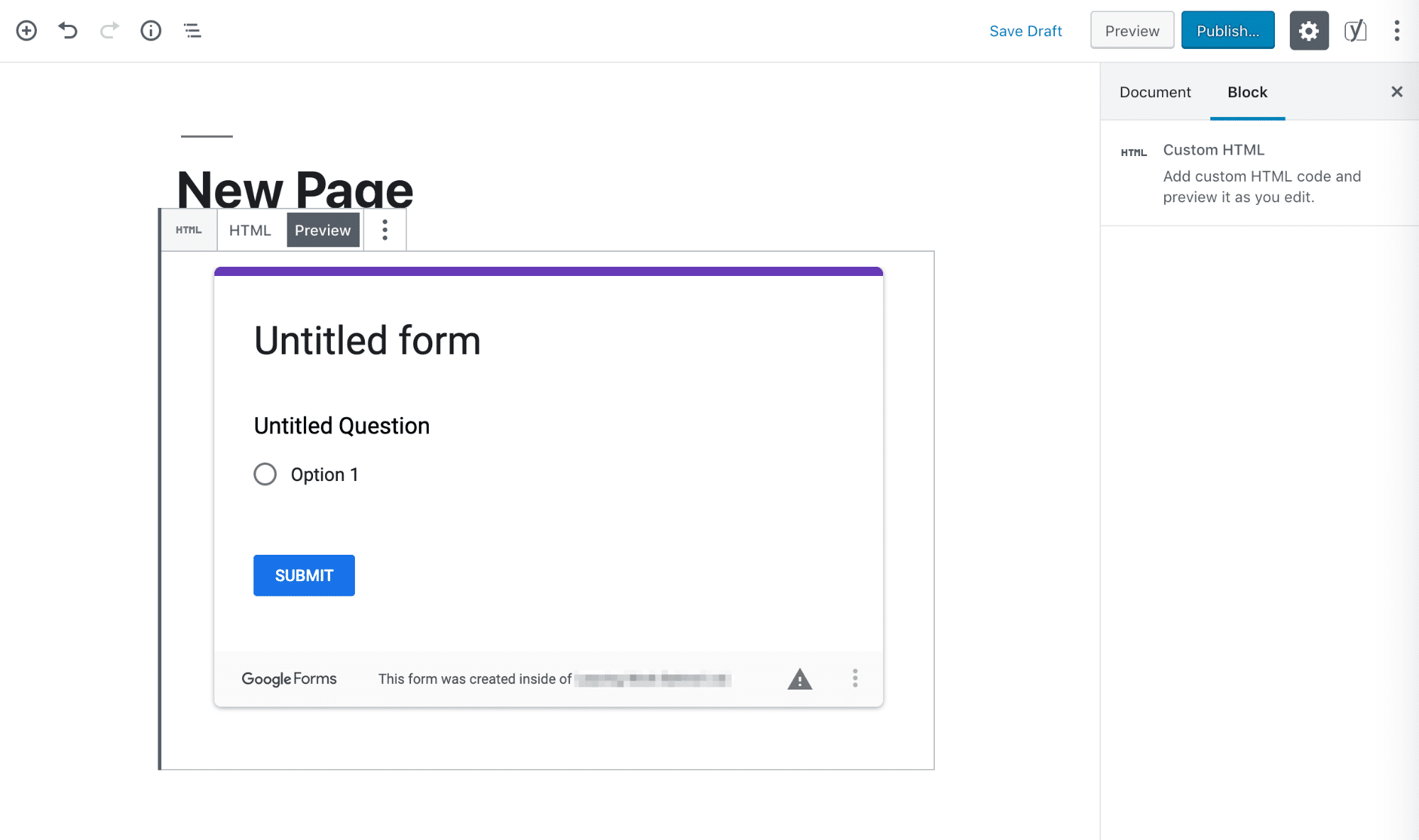 Preview of your Google Form embedded in the Block Editor