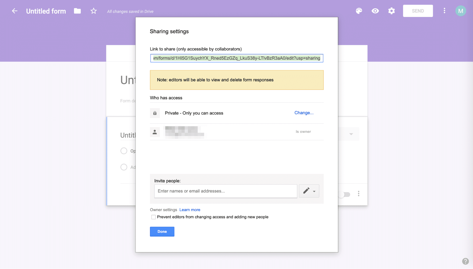 Embed Google Form: Sharing options