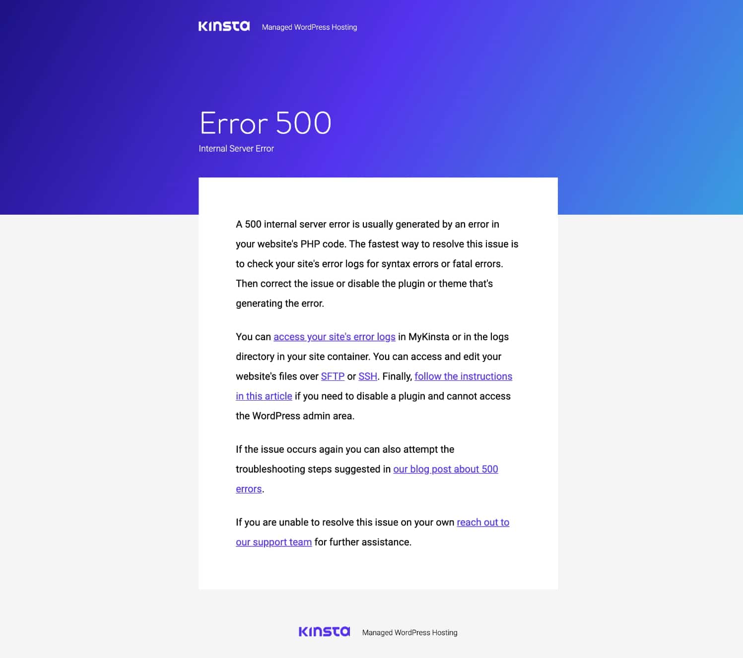 Page d'erreur 500 de la marque Kinsta 