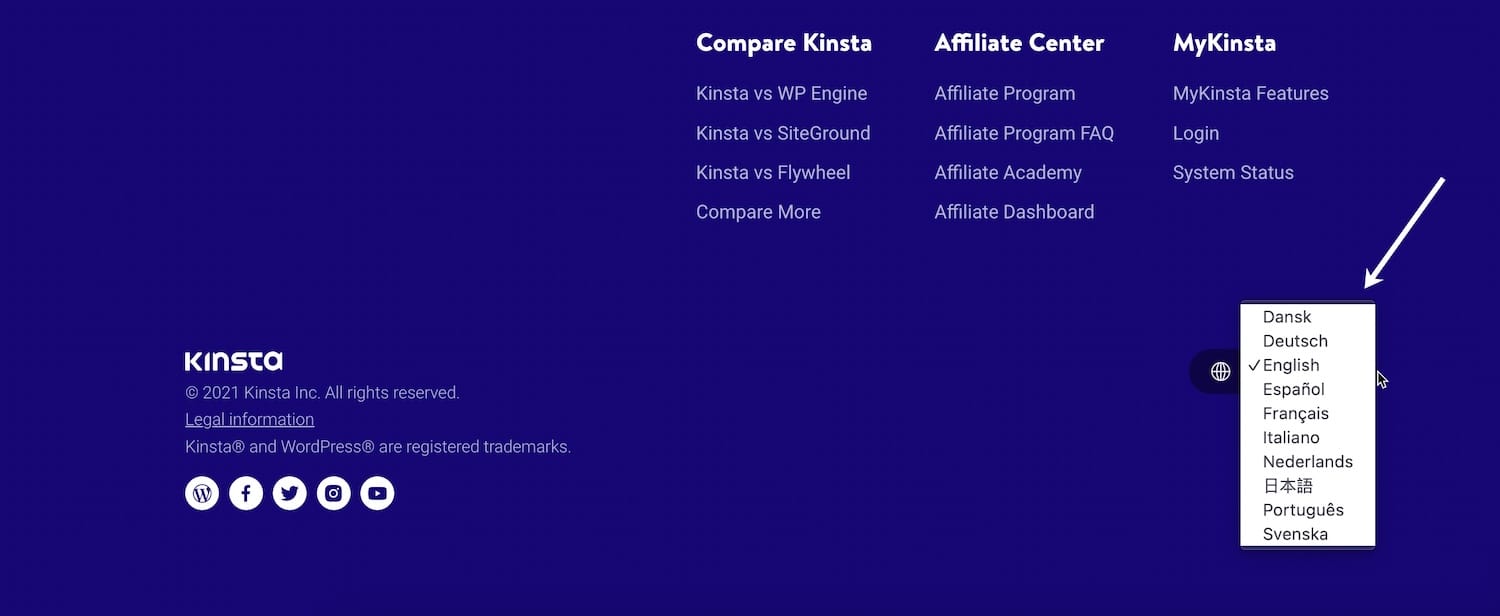 Change language on the Kinsta website.