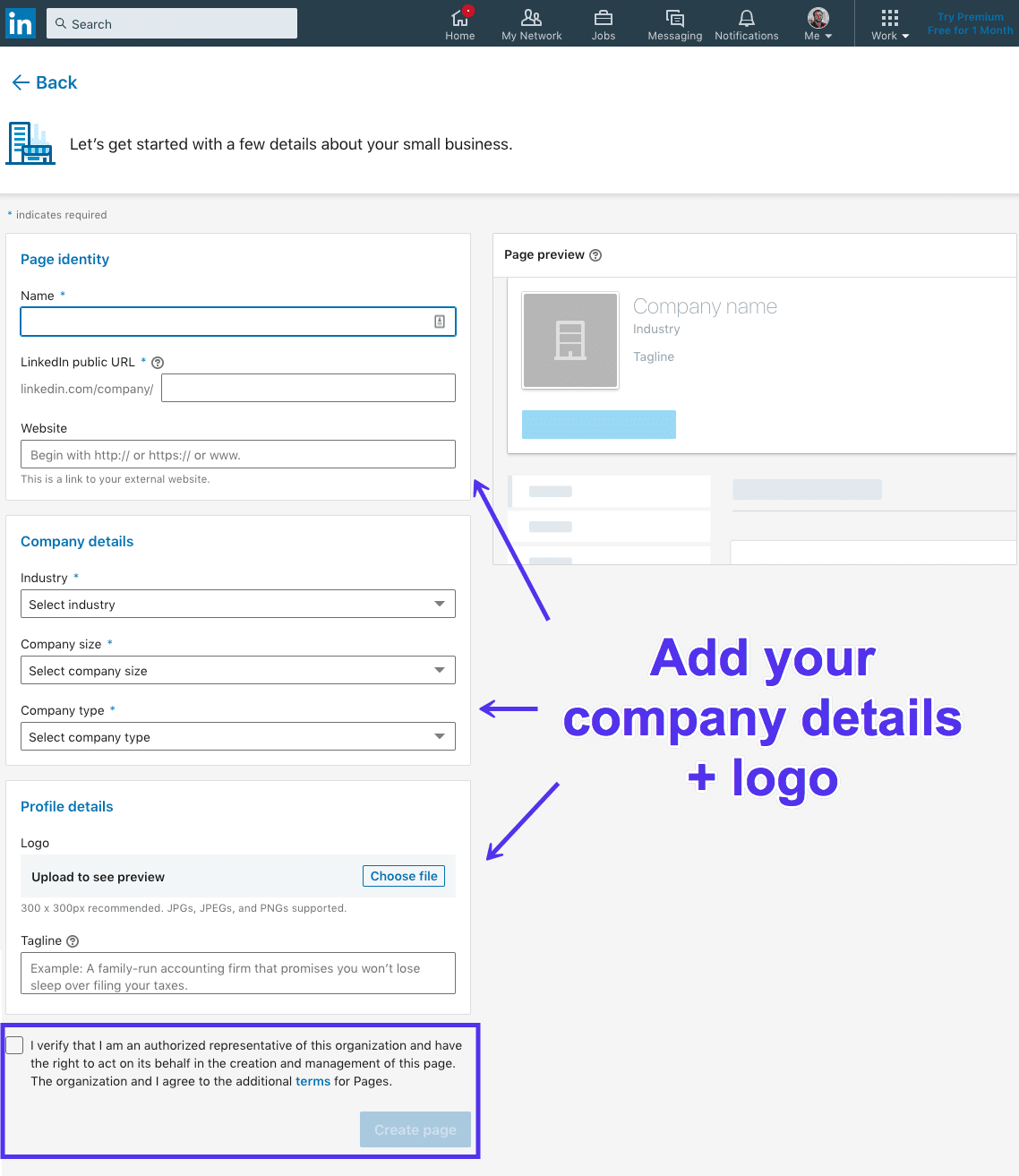Why can't I create a company profile on LinkedIn?