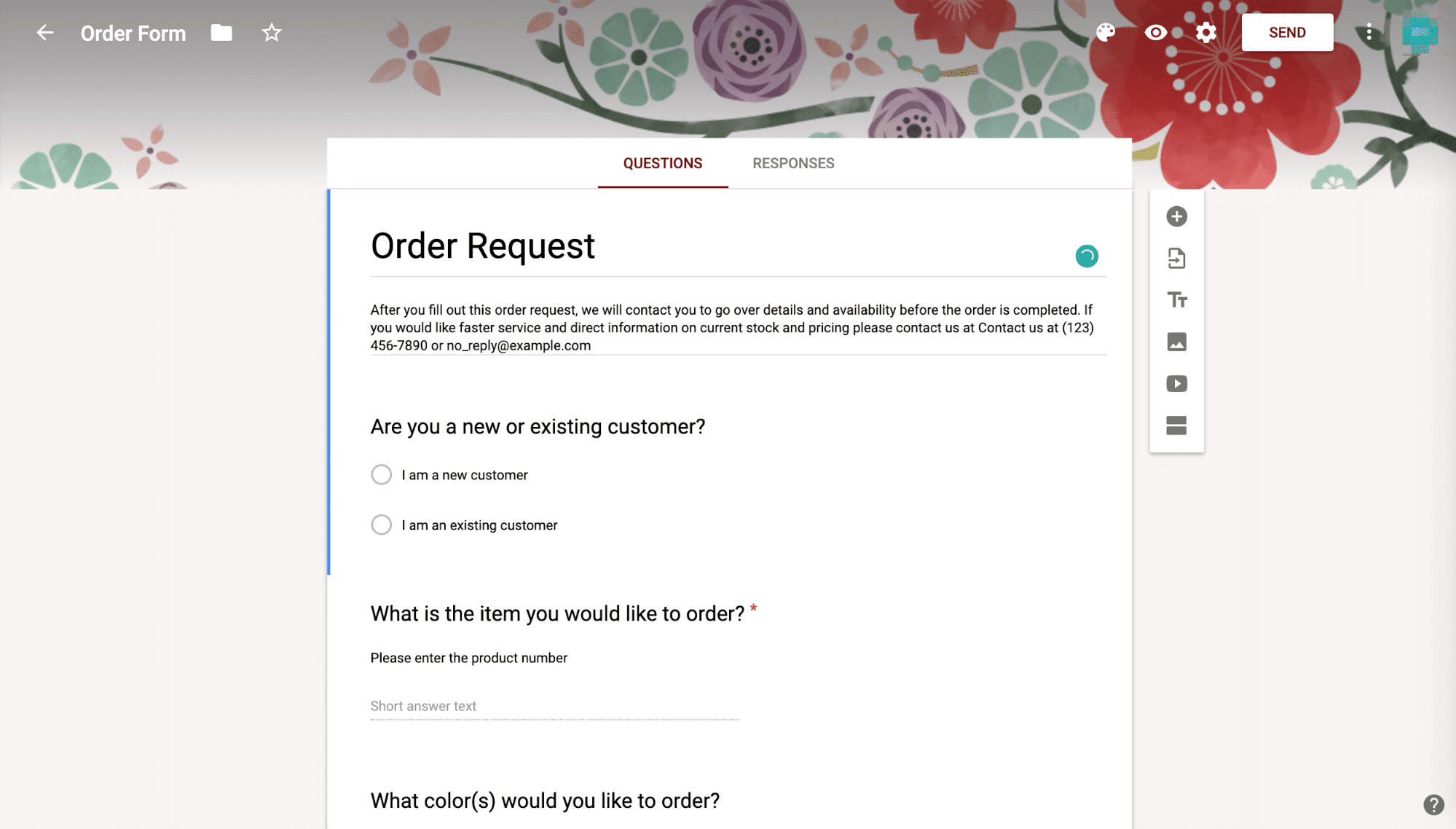 google form for ordering items