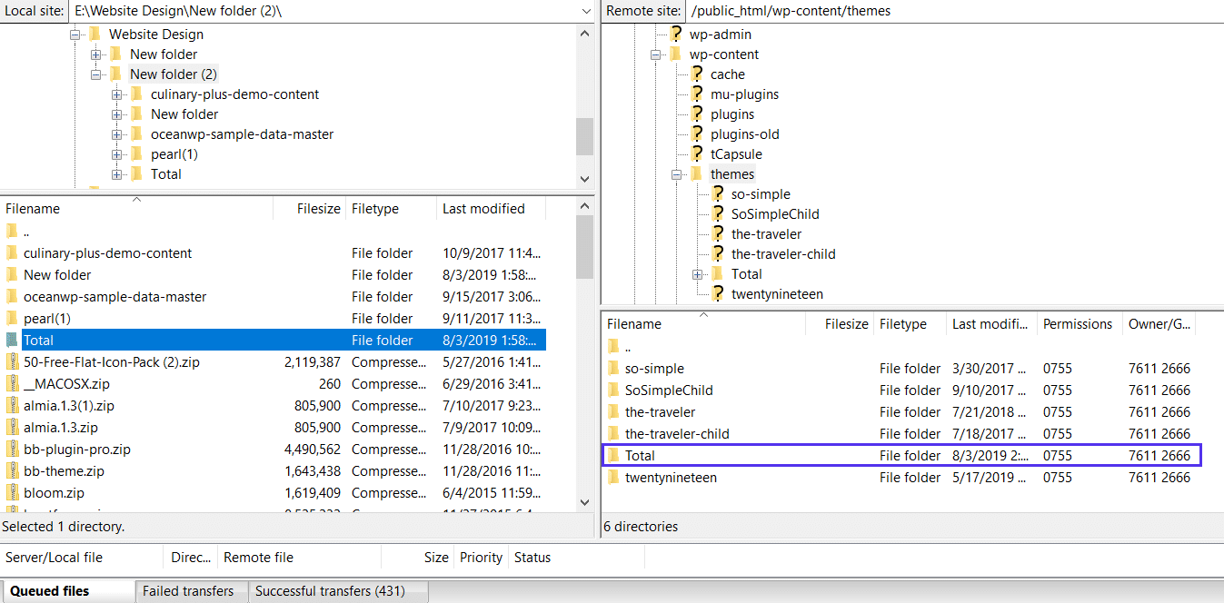 files uploading to a site’s servers in FileZilla