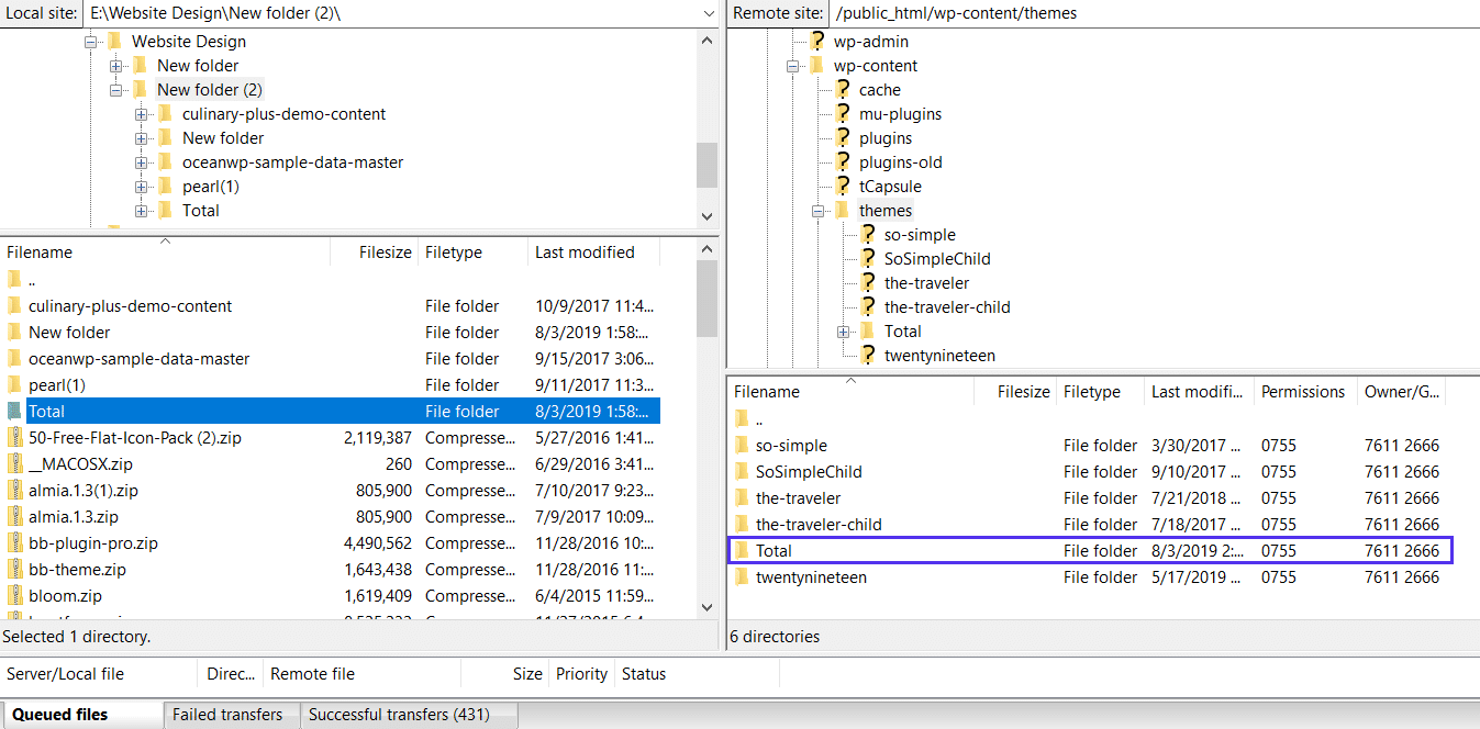 filer, der uploades til et webstedets servere i FileZilla