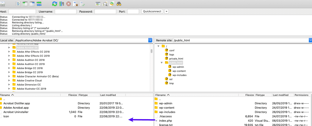 FileZilla window with a site connected.