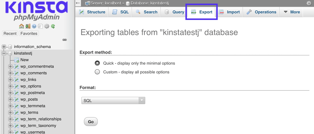 The Export tab has been clicked in the phpMyAdmin dashboard.