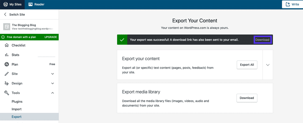 A message detailing a successful export is displayed on the Export page.