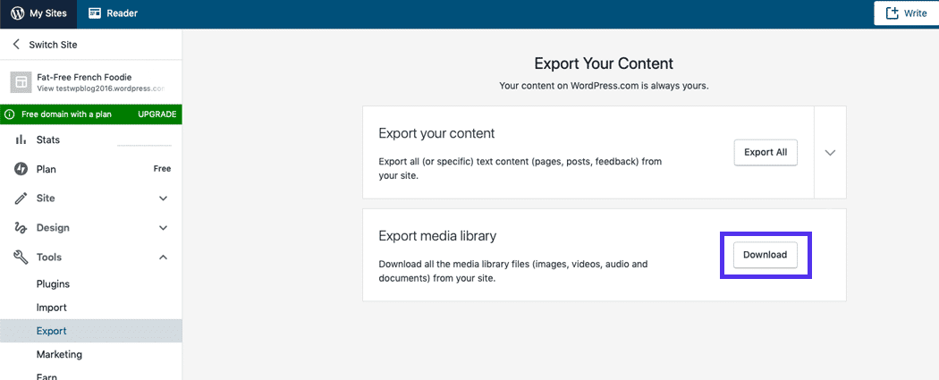 The Export page