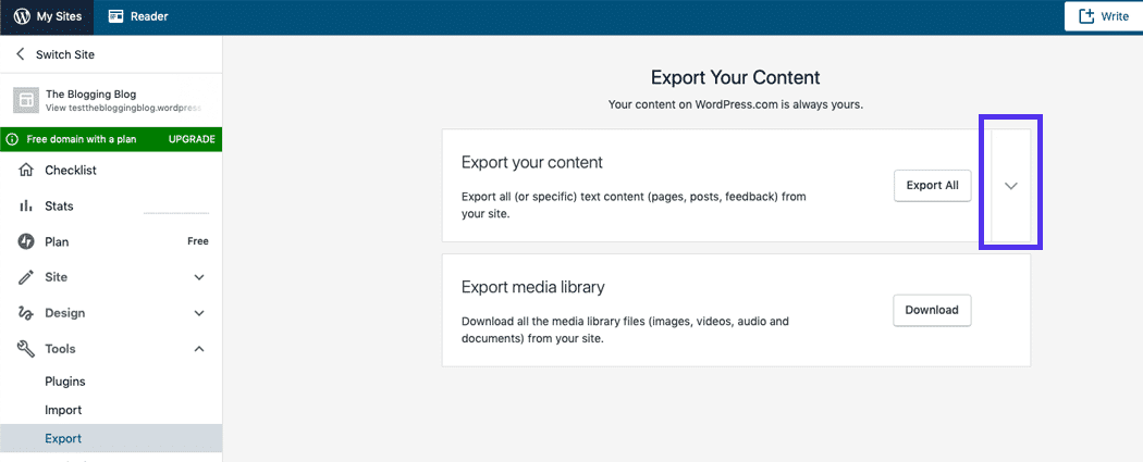 The Export page