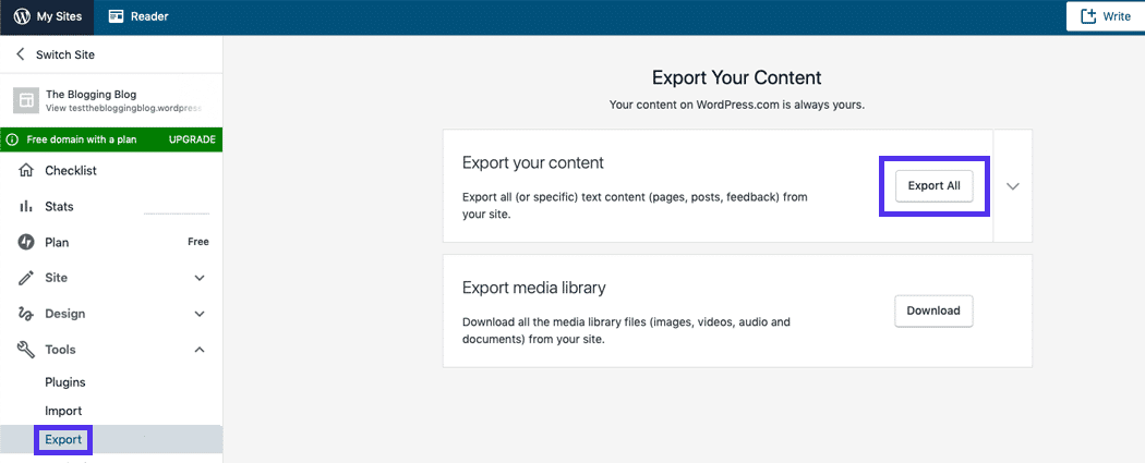 The Export page