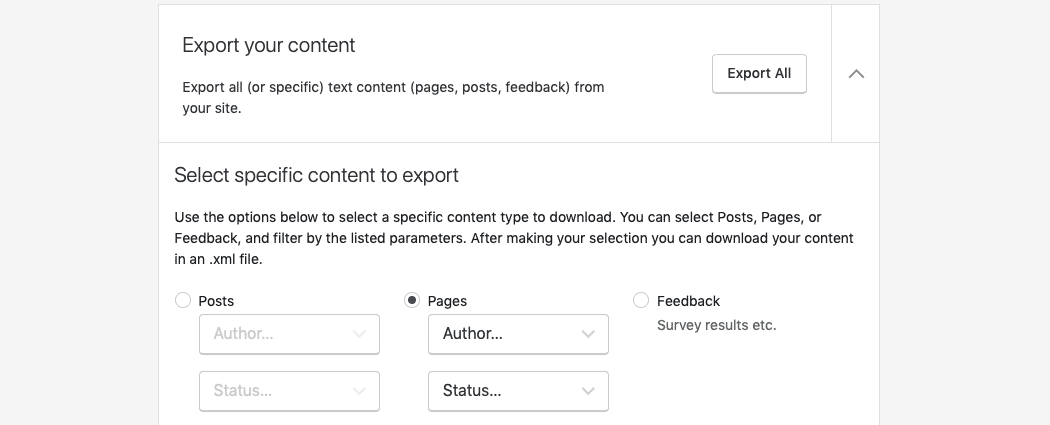 The Export page. Selected content has been specified.