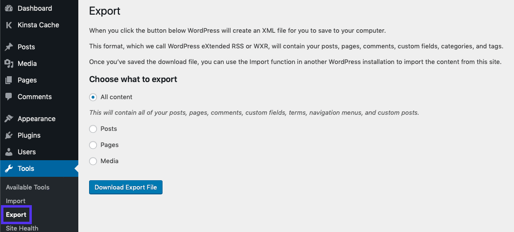 The Export page in the WordPress admin dashboard.