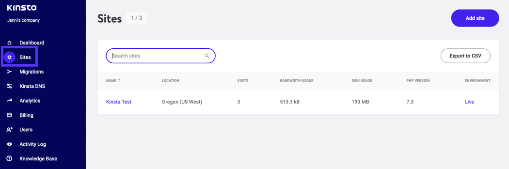 The Sites page in MyKinsta.
