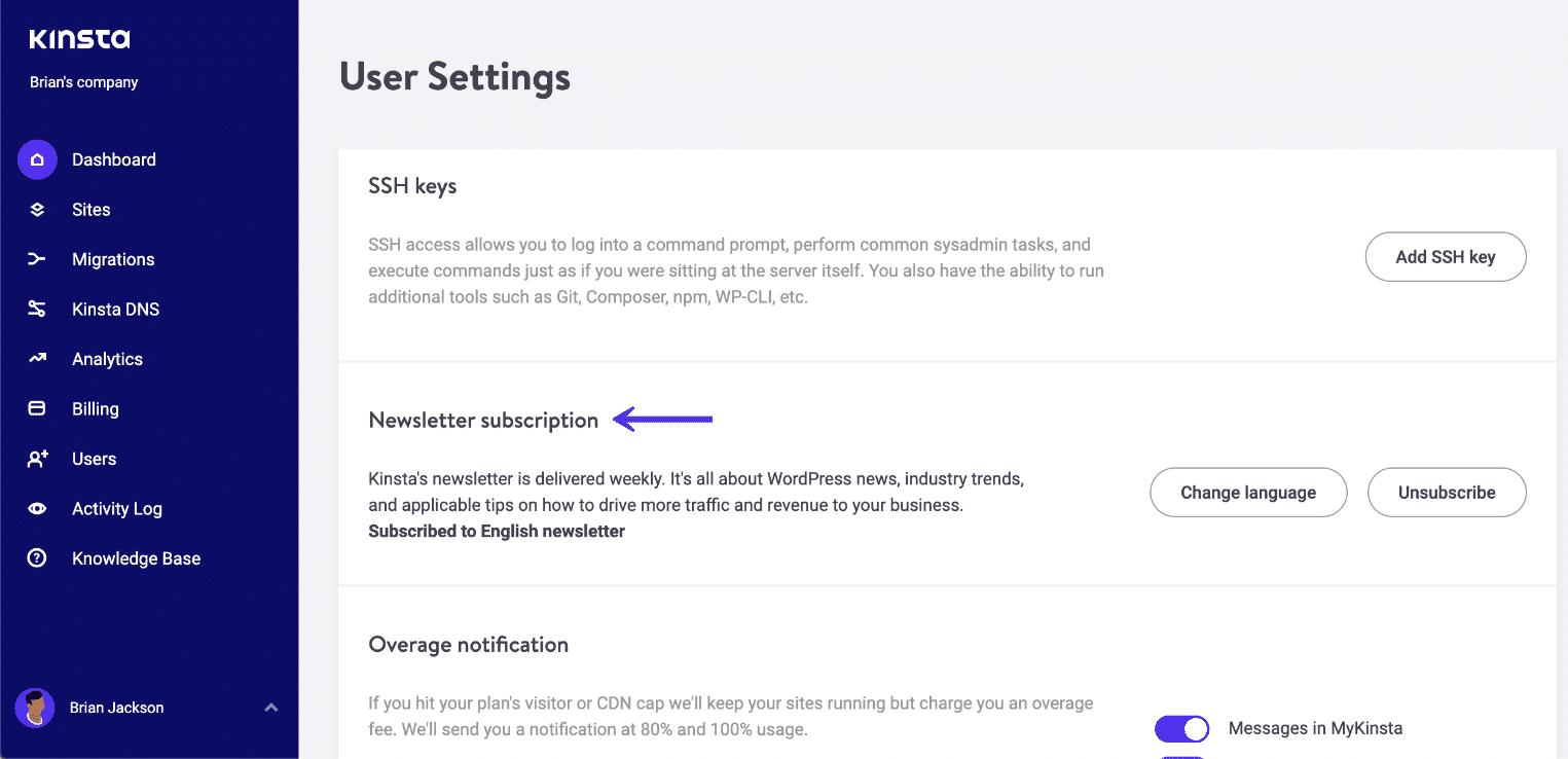 Newsletter subscription in MyKinsta