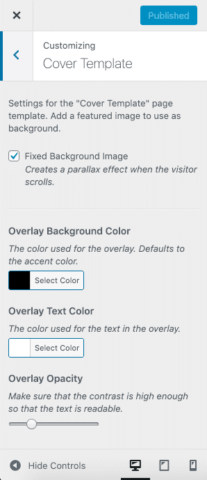 The Cover Template section in the Customizer