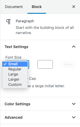 Font sizes in the editor's block Text settings