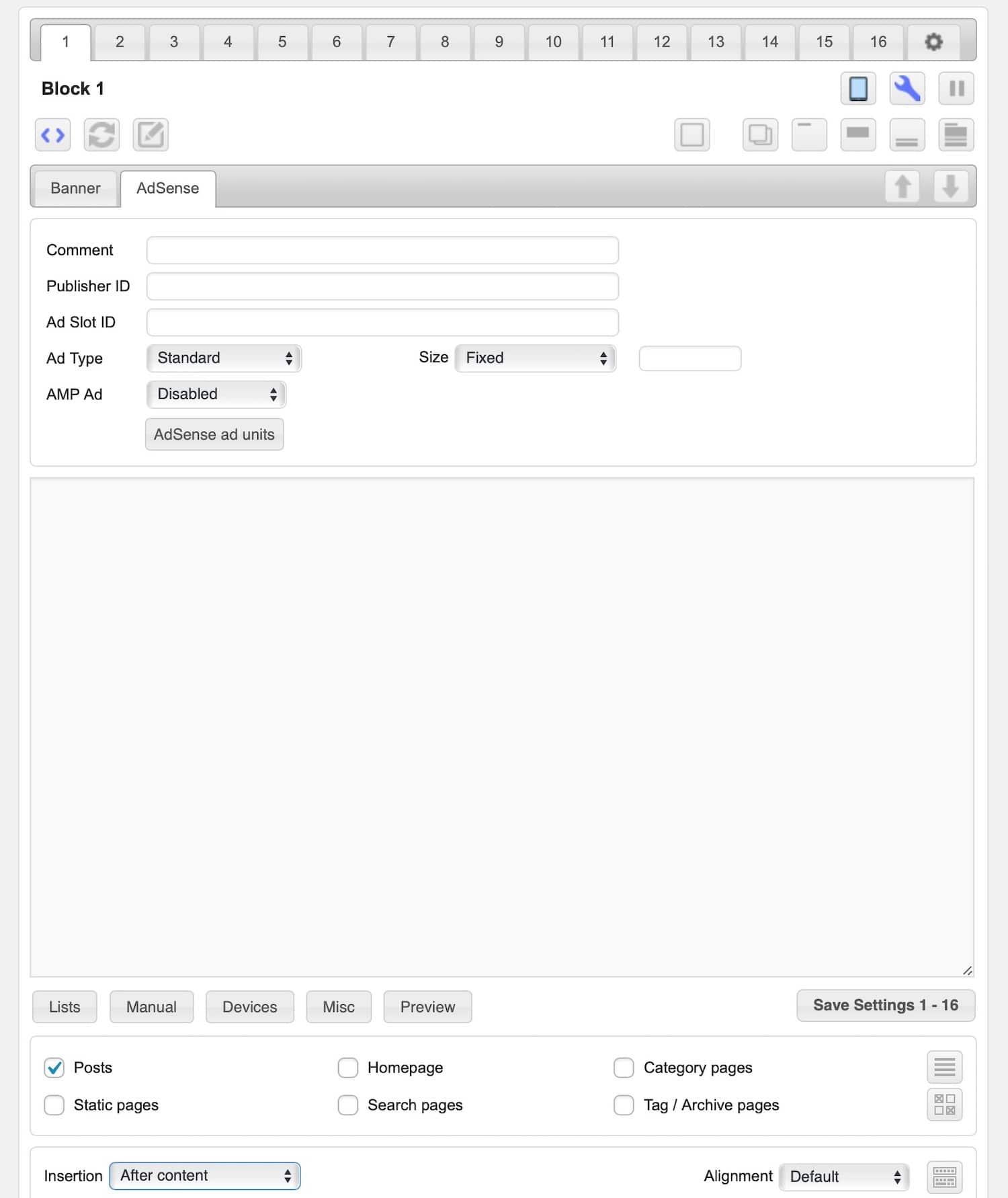 Ad Inserter settings