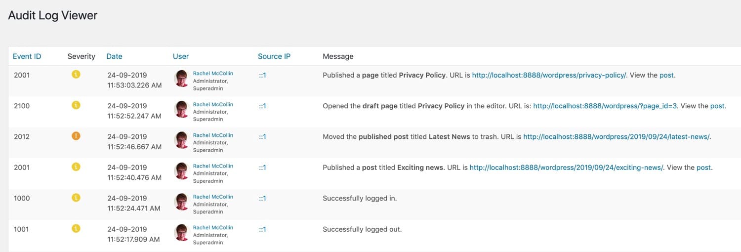 WordPress activity log