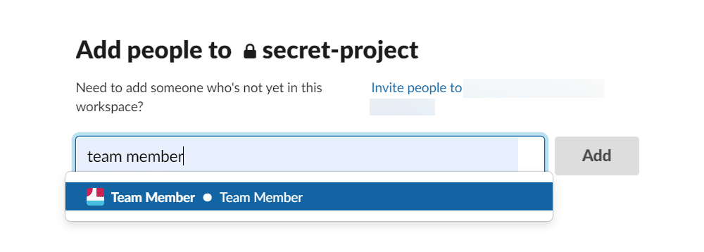 Search for people to add to your private Slack channel