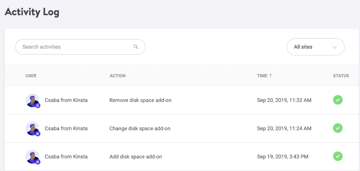 Disk space add-on changes in MyKinsta Activity Log.
