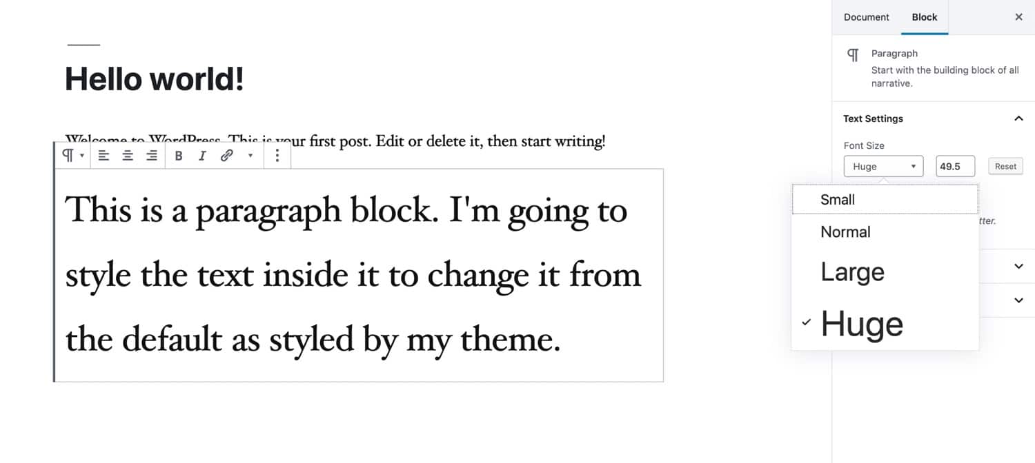 editing font size in Gutenberg
