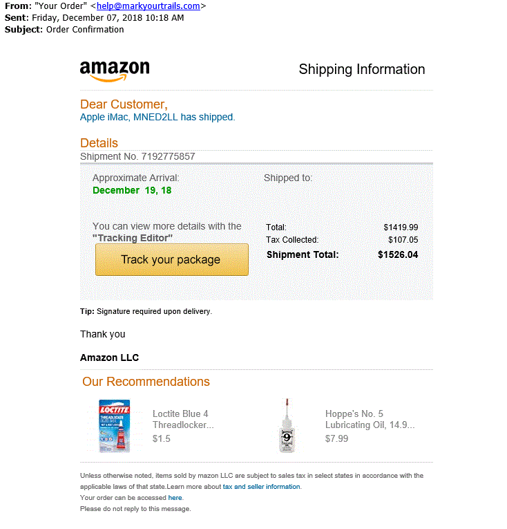 fake amazon track package email image