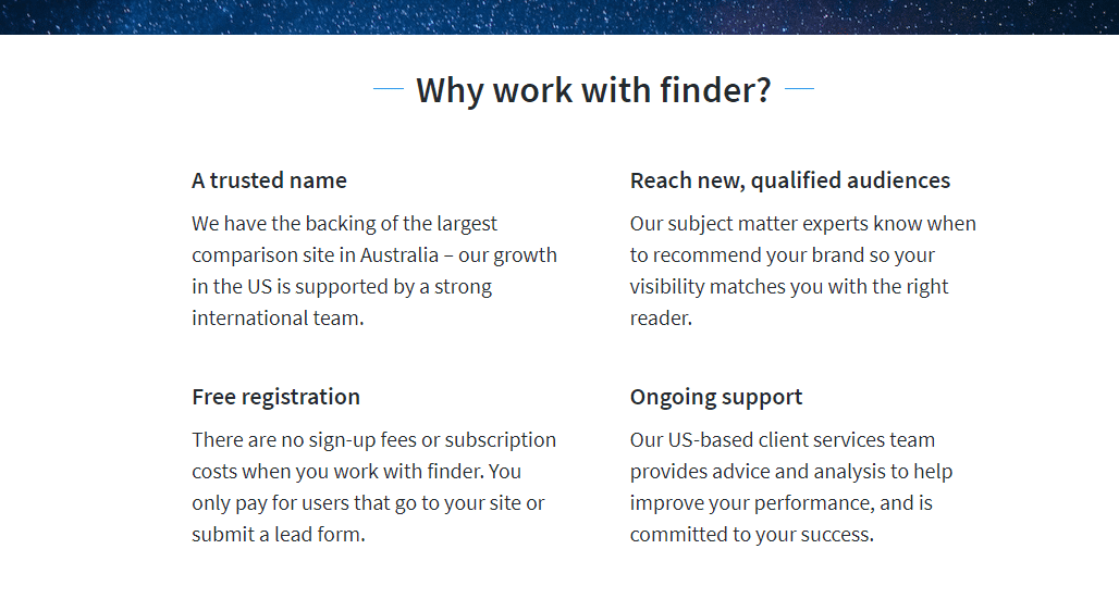 Finder.comのパートナーページ