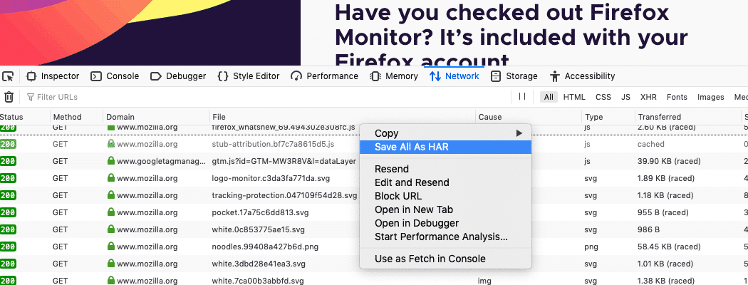 The Firefox developer tool Network tab