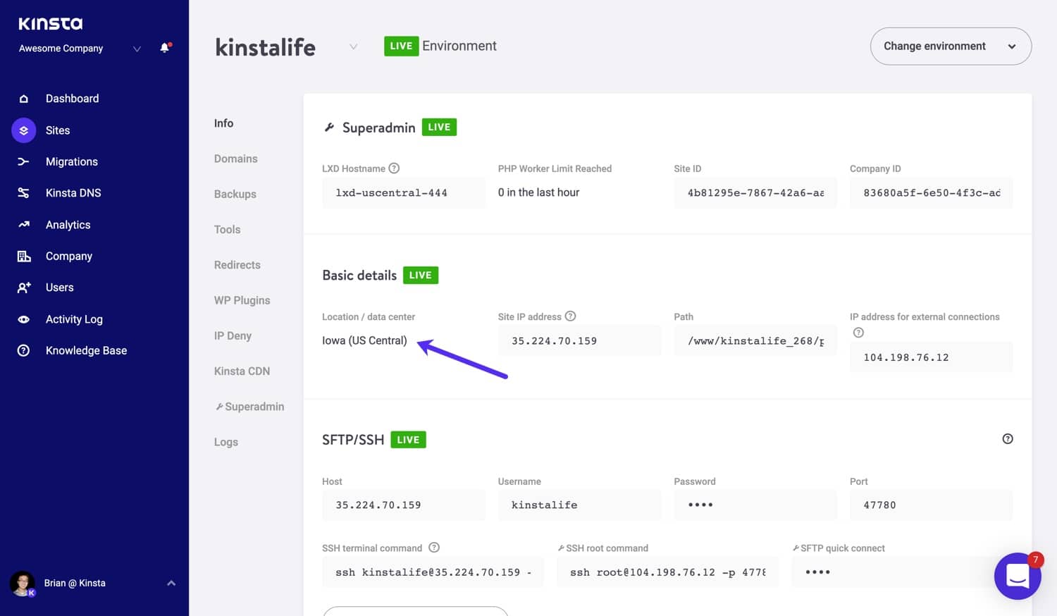 Datacenter locatie in MyKinsta.