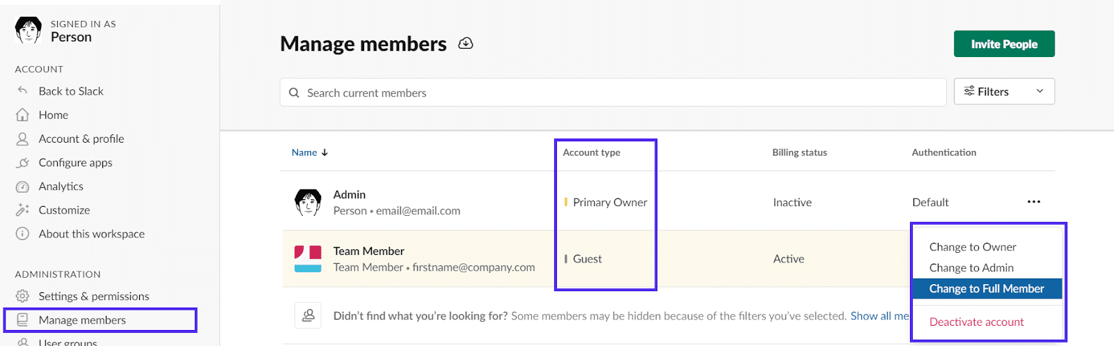 slack manage members credentials