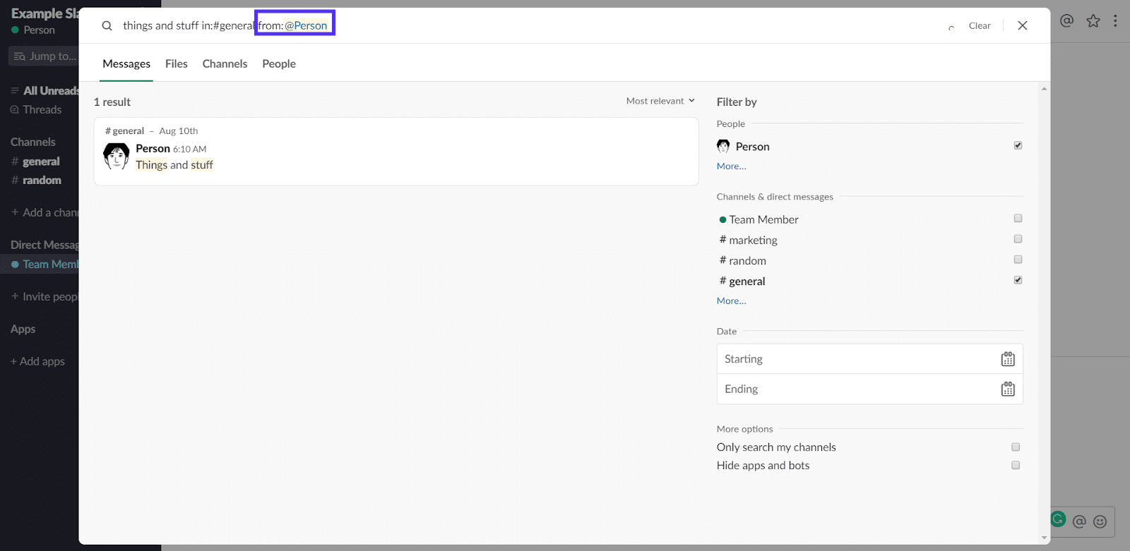 Search from person in Slack channel