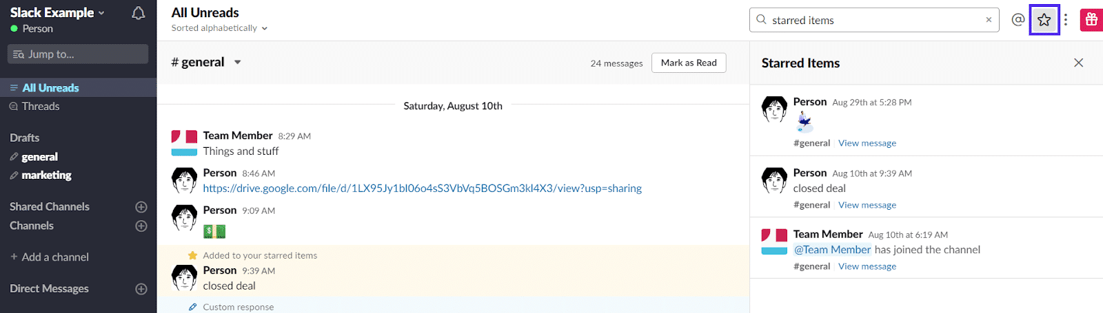 slack show starred items