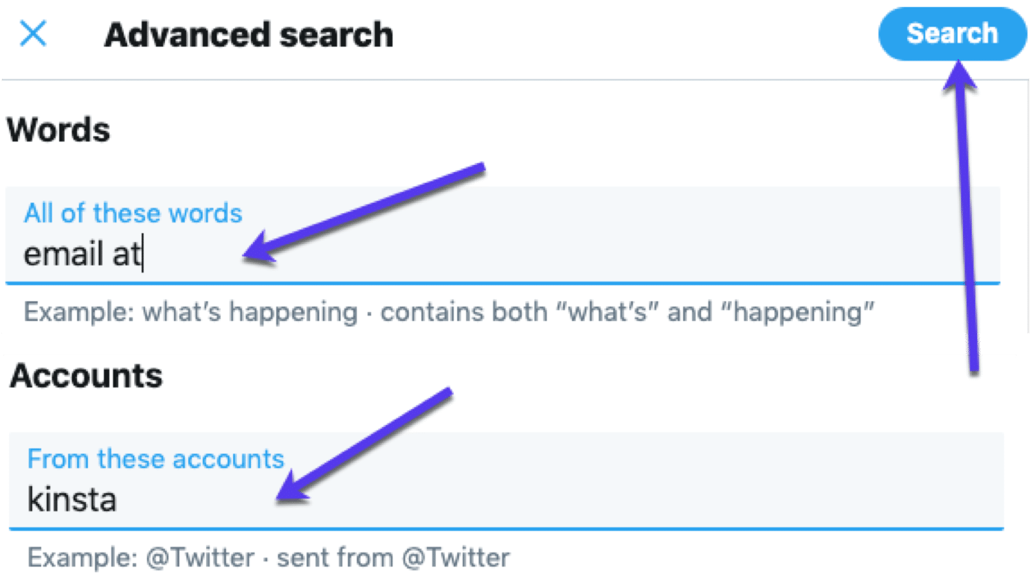 Use Twitter advanced search to find emails