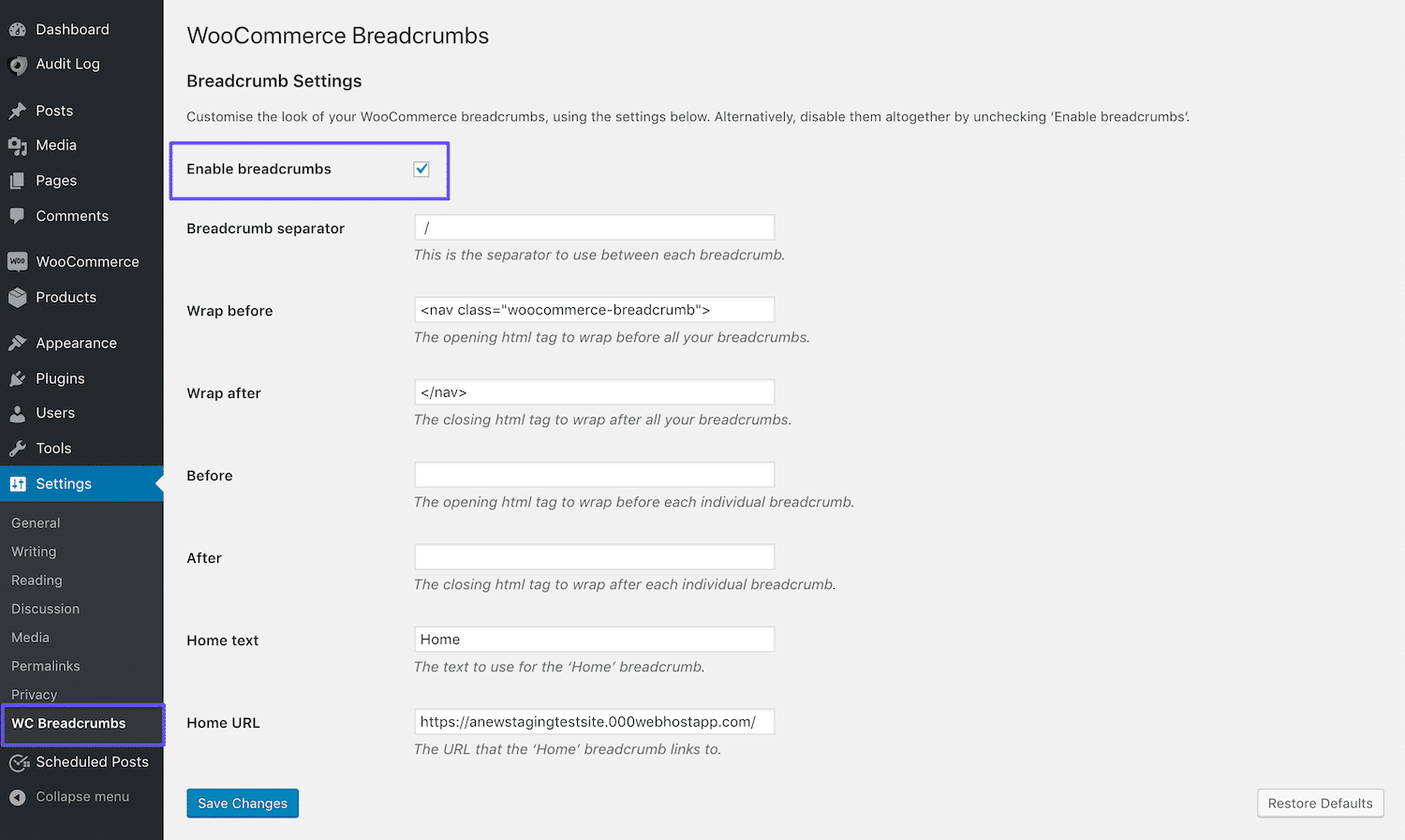 woocommerce breadcrumbs settings