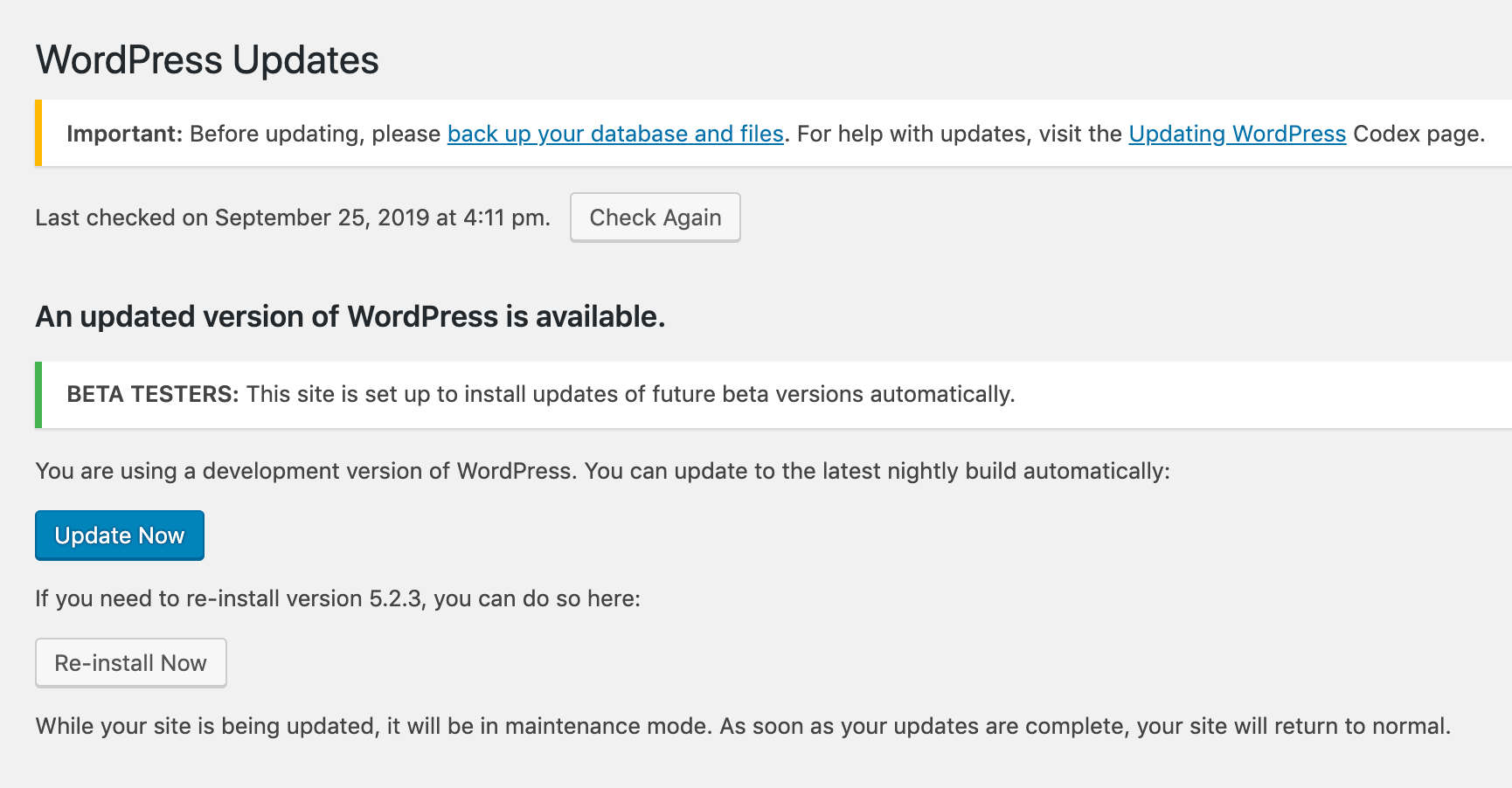 WordPress Updates screen