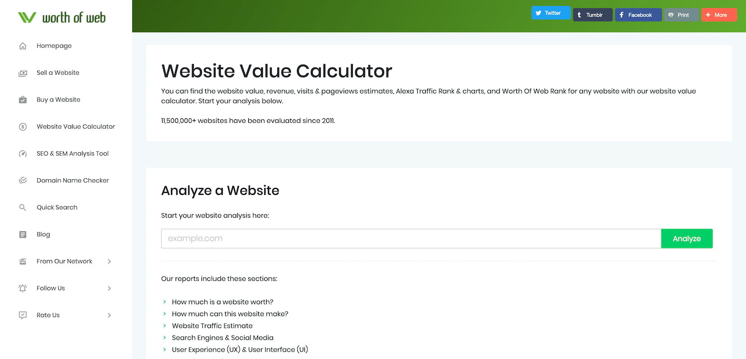 Worth of Web website value calculator