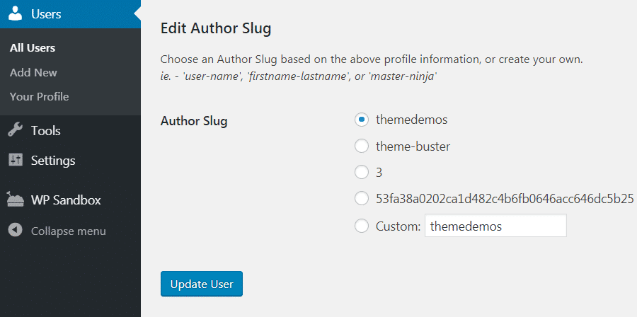 Author slug settings page