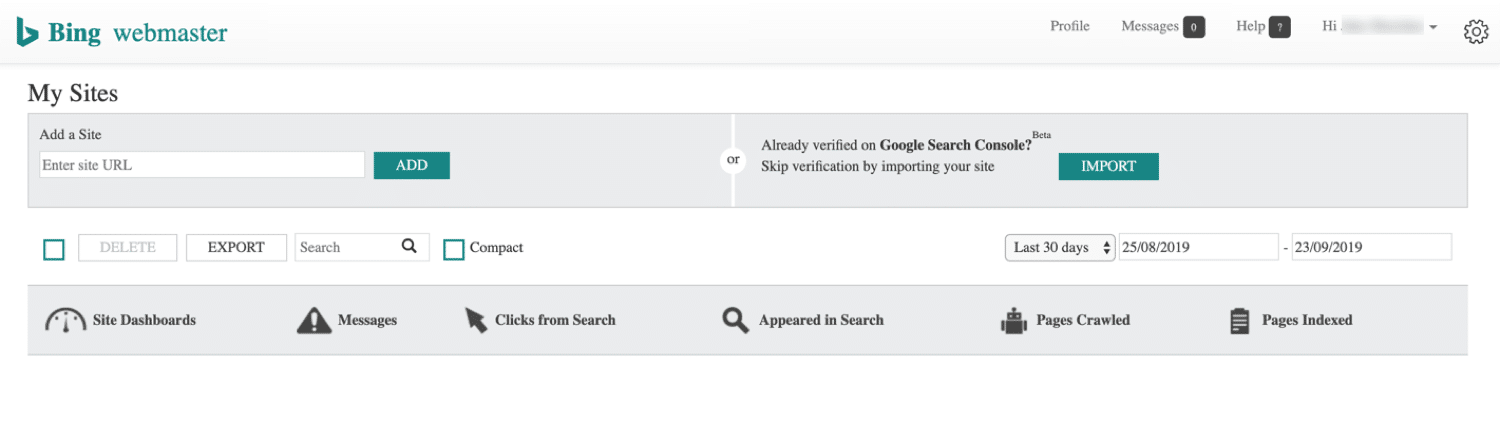 An empty Bing site dashboard