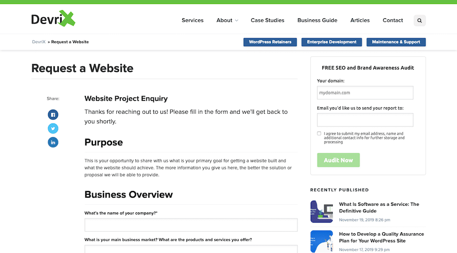 DevriX WordPress agency Request a Website form