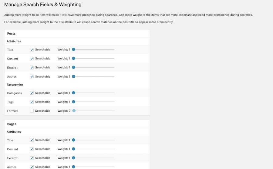 ElasticPress settings allow you to add or remove searchable fields and adjust their weight when displaying results.