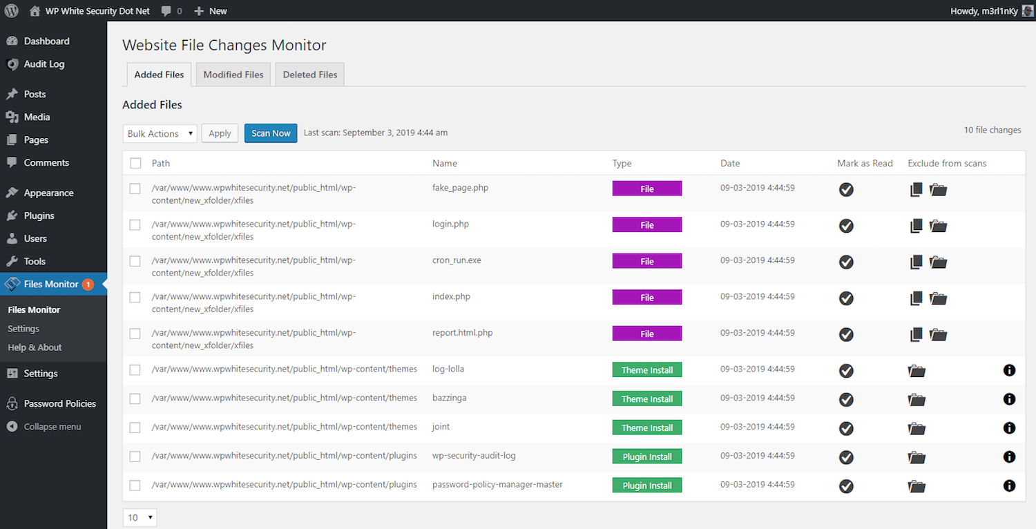 File Integrity Monitoring: File changes view with menu