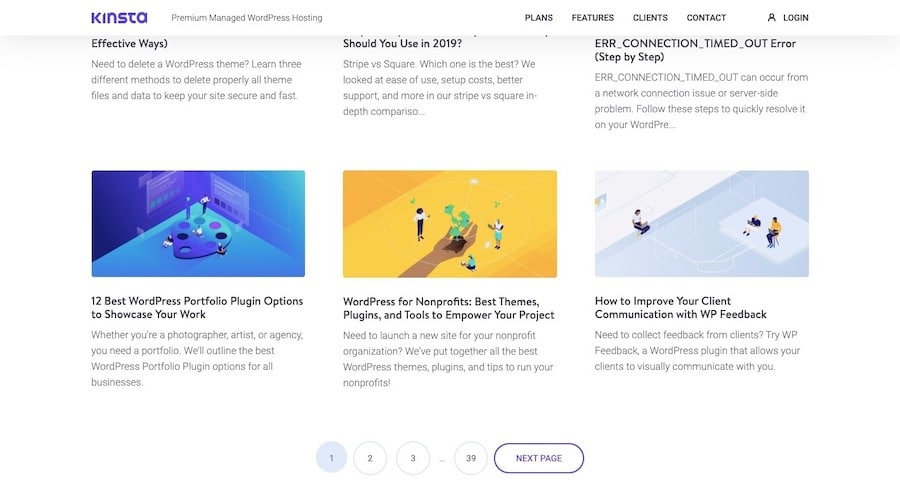 An example of recent posts published to the Kinsta blog and the pagination revealing 39 pages of posts available to read.